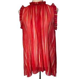 Elie Tahari Sheer Bold Red Striped Ruffled Sleeveless Blouse Shell SZ S